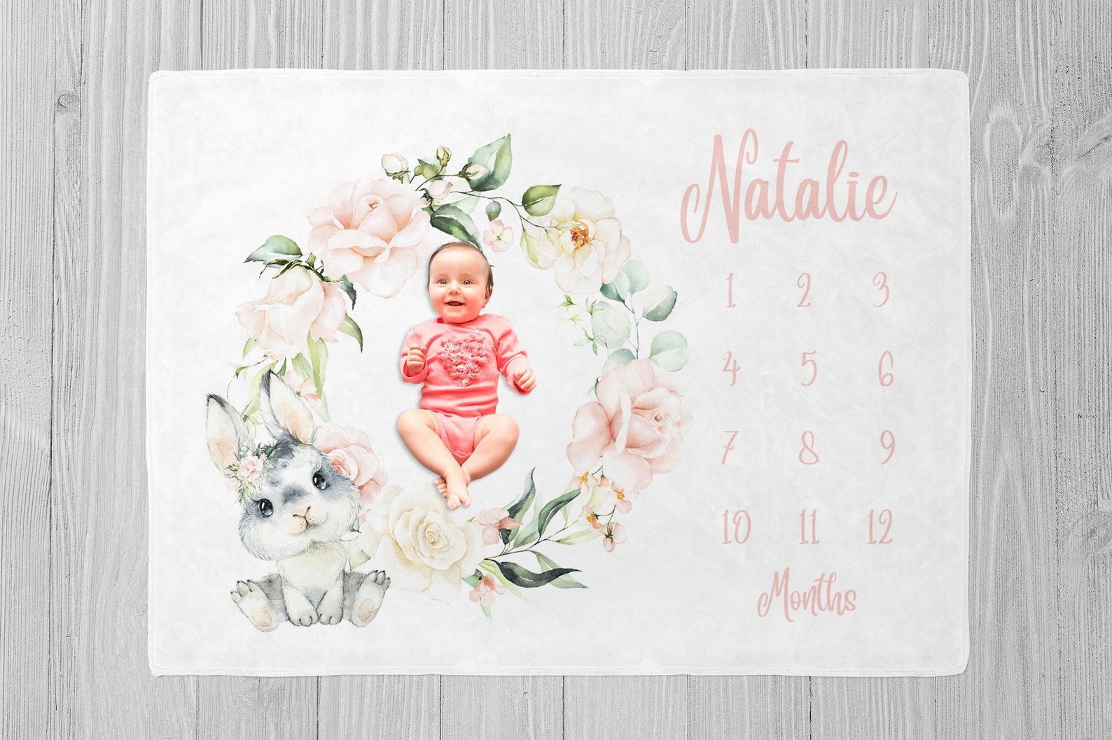 Personalized Bunny With Flowers Monthly Milestone Blanket, Newborn Blanket, Baby Shower Gift Monthly Growth Tracker