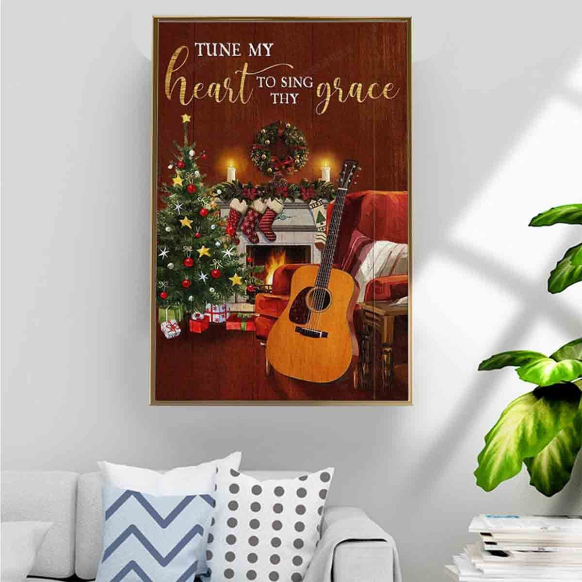 Guitar And Green Christmas Tree Beside The Fireplace Poster – Tune My Heart To Sing Thy Grace Home Decoration Christmas Gifts For Man – Gigo Smart