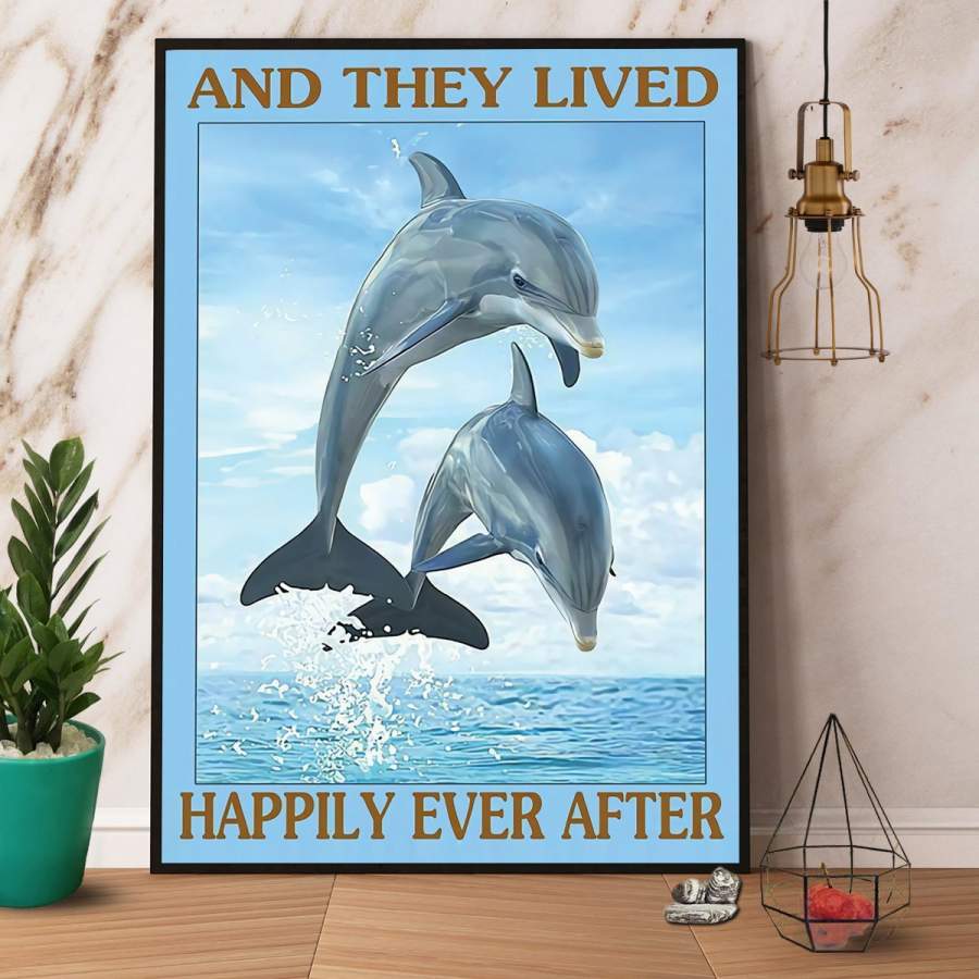 Dolphin couple and they lived happily ever after paper poster no frame/ wrapped canvas wall decor full size