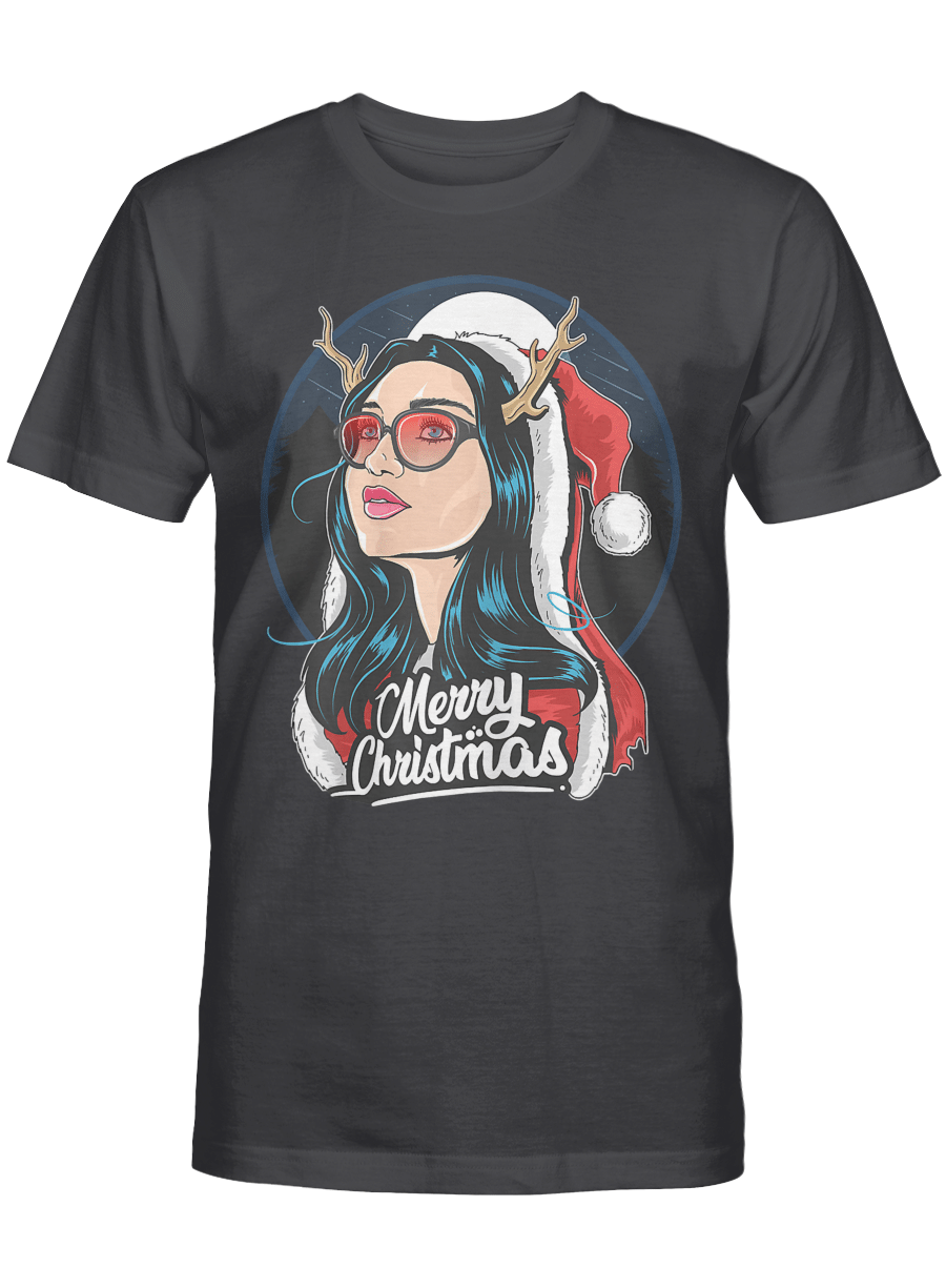 AmazeStyleZ Santa’s Reindeer, Ugly Christmas Sweater, Christmas Gift Ideas, Christmas TreeFunny Christmas Santa Claus Girl Reindeer Deer Horn Glasses T-Shirt