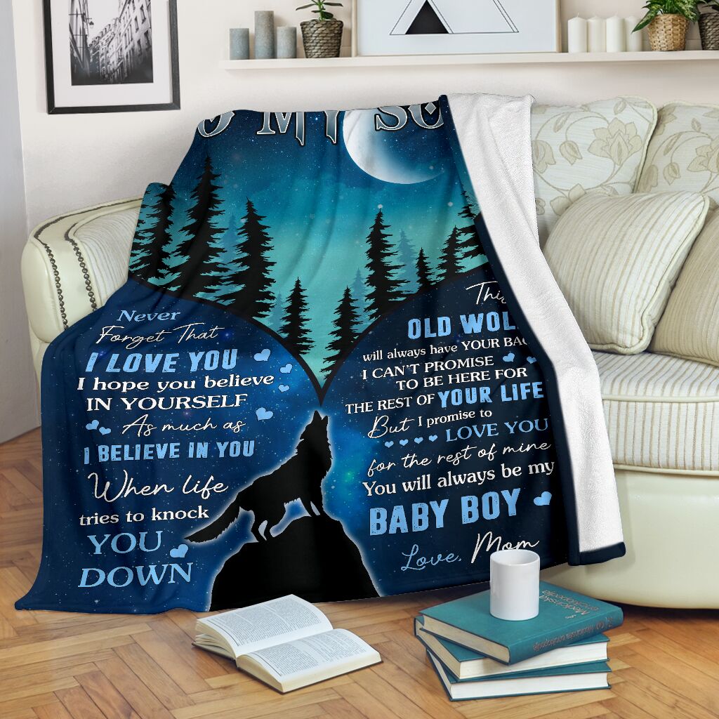 To My Son Fleece Blanket, This Old Wolf Will Always Have Your Back Gift For Son From Mom Birthday Gift Home Decor Bedding Couch Sofa Soft And Comfy Cozy