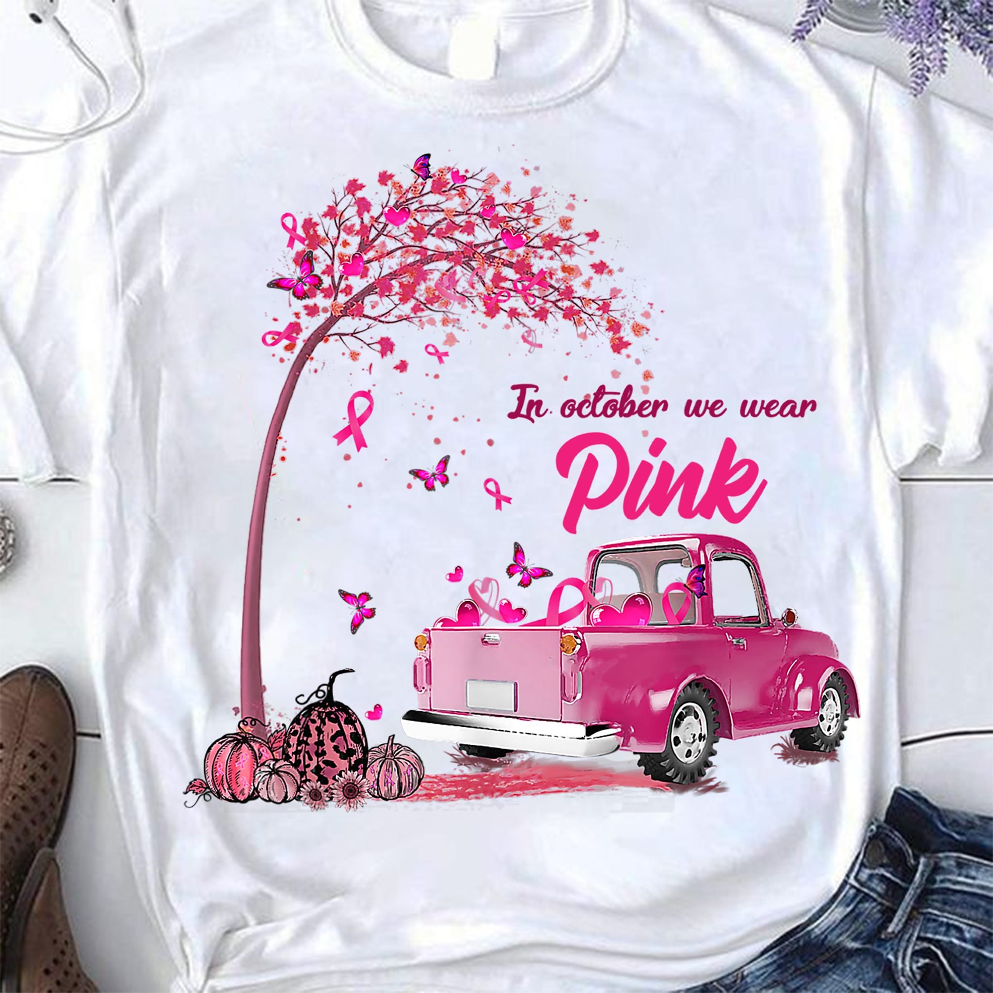 Breast Cancer Awareness In October We Wear Pink Pumpkin Truck Tshirt Hg