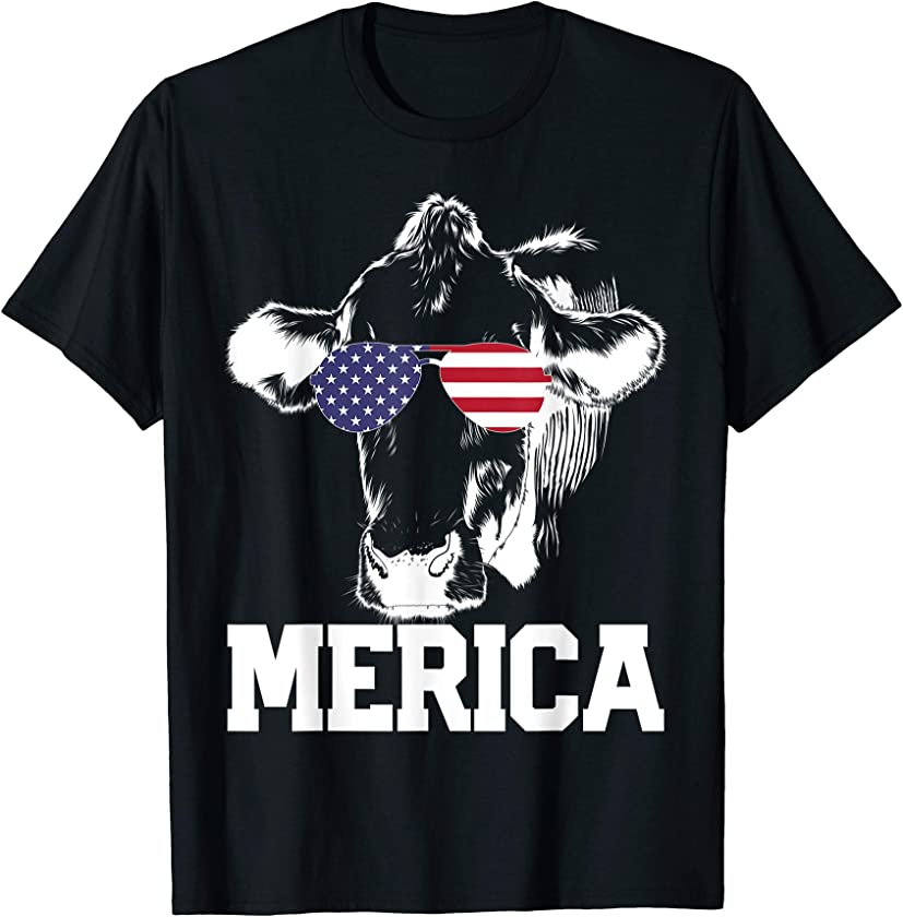 4th of July T Shirt Vintage MERICA Cow American Flag USA T-Shirt