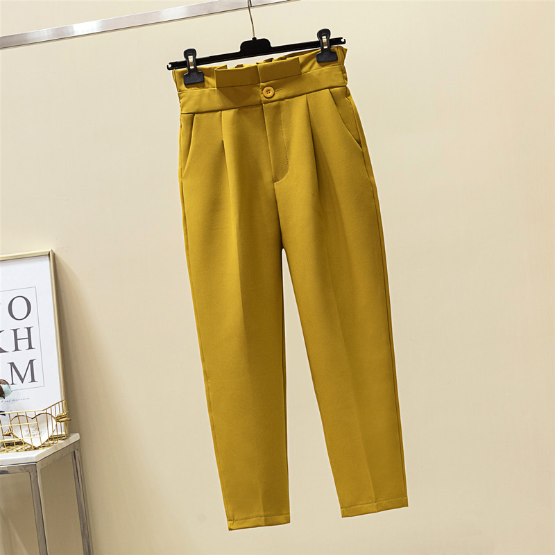 Women Suit Pants Spring Autumn Elastic Waist Casual Ankle-length Trousers Elegant Office Ladies Pencil Pants Yellow 4XL W1963 alx