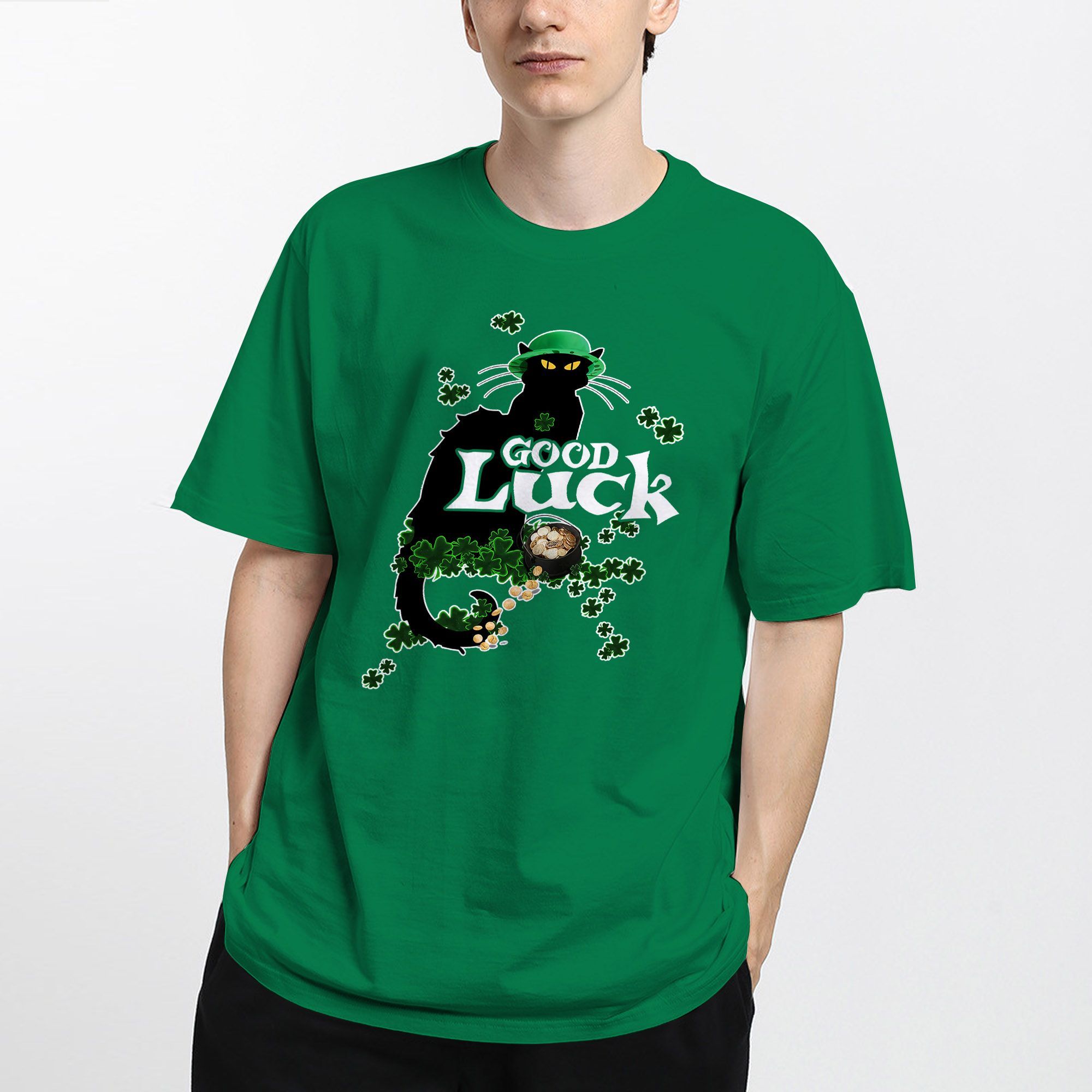 Black Cat Good Luck Shamrock T Shirt For Kitten Lovers On St Patrick’s Day