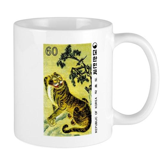 Vintage 1980 Korea Tiger And Magpie Stamp Mug