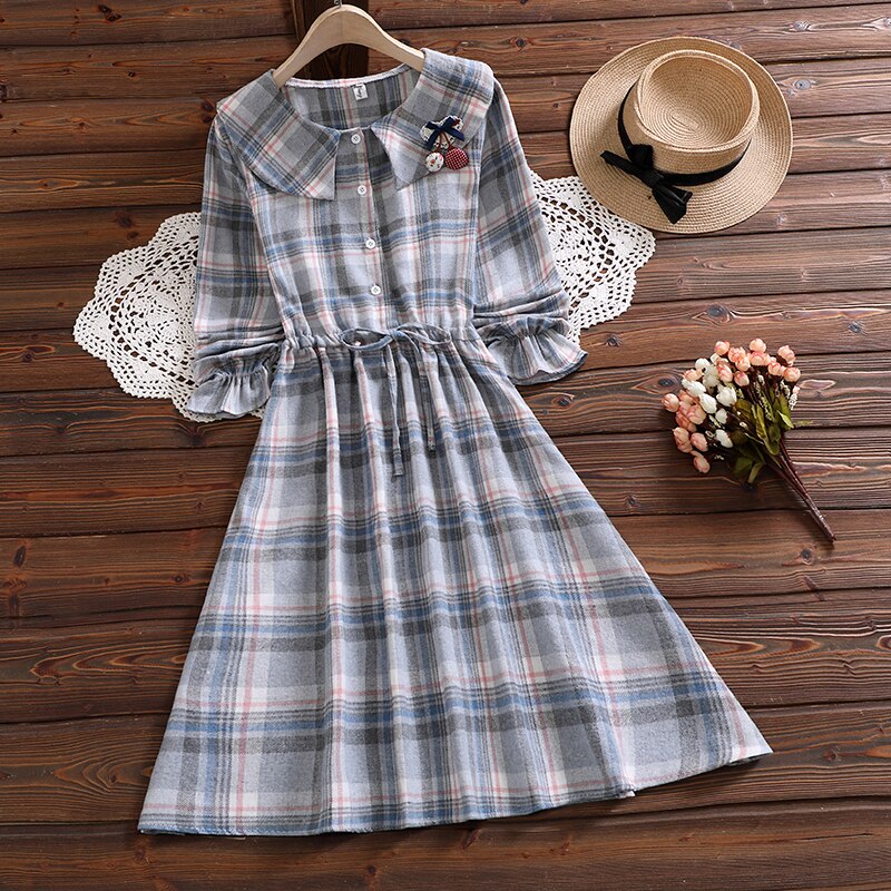 Spring autumn fashion sweet vestidos mujer new arrival long sleeve plaid dress alx