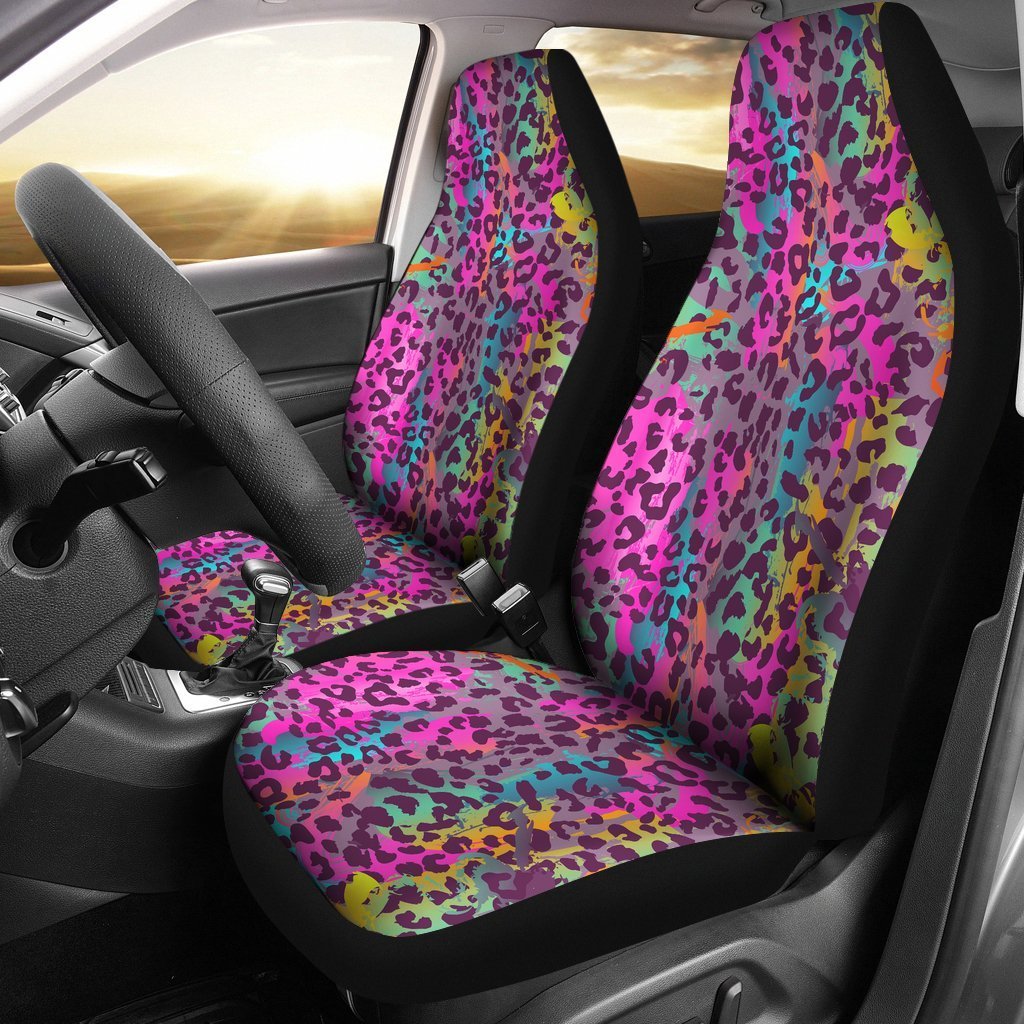 Rainbow Cheetah Leopard Pattern Print Seat Cover Car Seat Covers Set 2 Pc, Car Accessories Car Mats