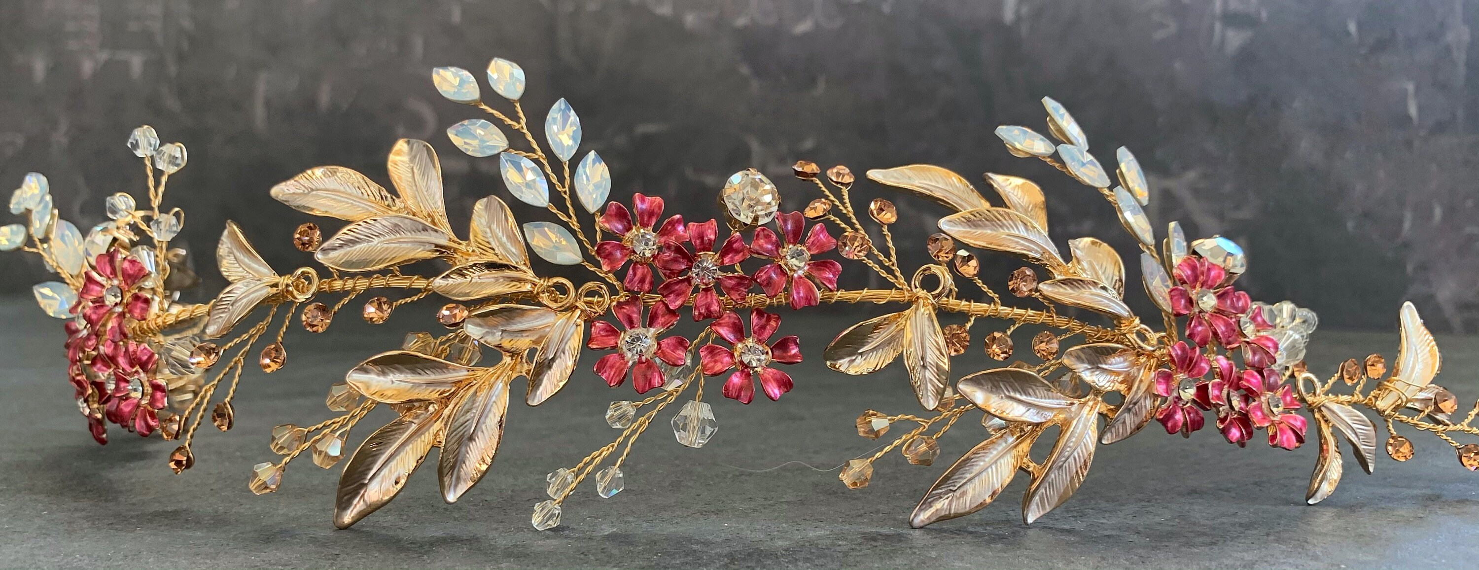 Red Berry And Gold Accessory With Custom Colored Metal Flowers, Perfect For A Holiday Bride