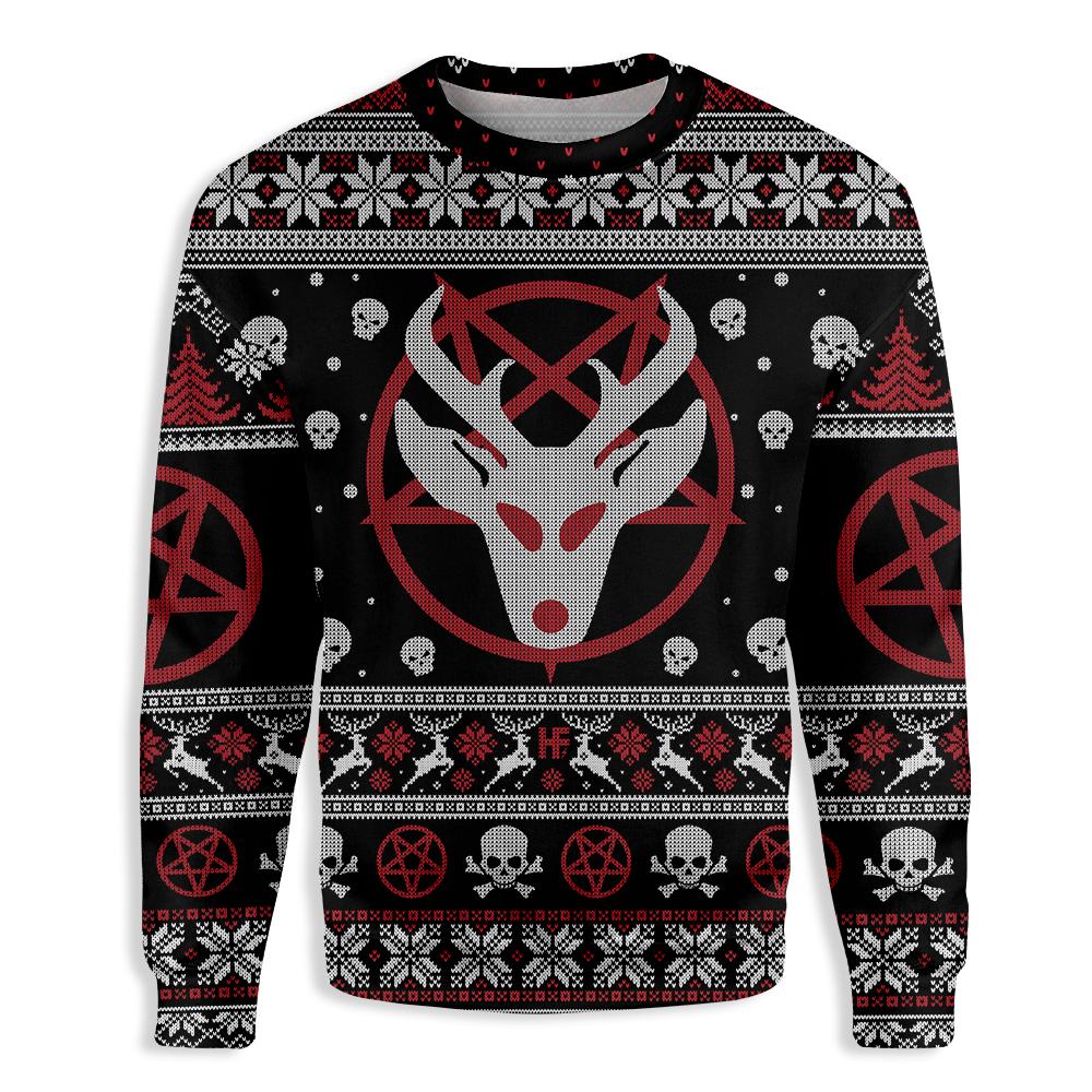 Unifinz Reindeer Ugly Christmas Sweater Pentagram Reindeer Witch Wicca Sweater 2022