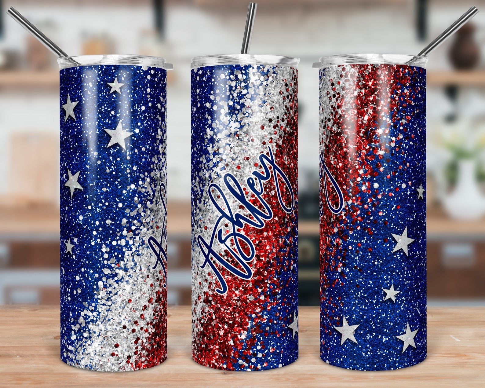 4Th Of July Gift, Personalized 20Oz Skinny Tumbler, Red White And Blue Glitter Skinny Tumbler