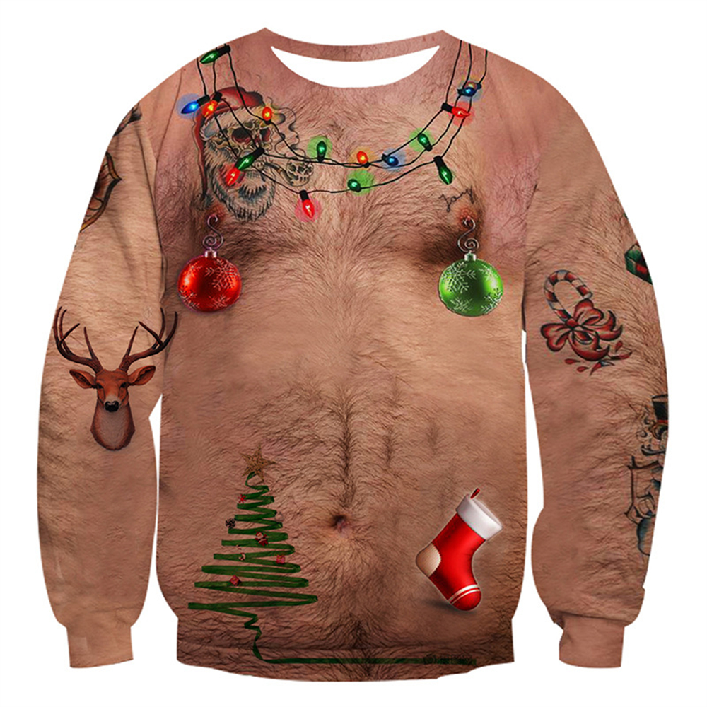 2022 Fashion Men’s Pullover Funny Chest Hair 3D Print Ugly Christmas Fashion Men’s Crew Neck Sweatshirt alx