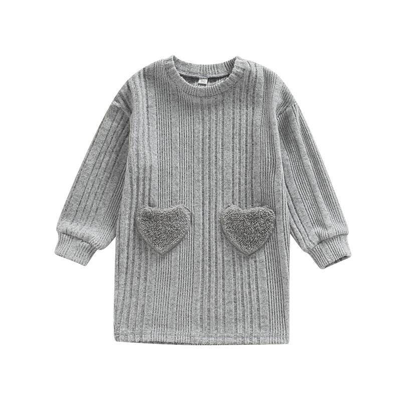 Toddler Girls Spring Autumn Casual Dress Gray Long Sleeve O-Neck Pullover Sweater Dress with Heart Pockets, 18Months-6Years alx