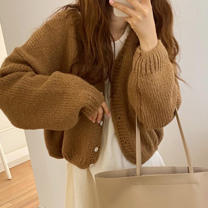 Cropped Cardigans Women Loose Knitting Elegant Soft Long Sleeve V-neck Ropa Ulzzang Sweater Femme Leisure Popular Autumn Solid alx