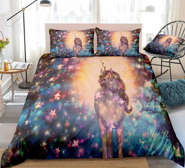 3D Purple Star Unicorn Galaxy Star Shine Duvet Cover Set, Microfiber Fabric Bedding