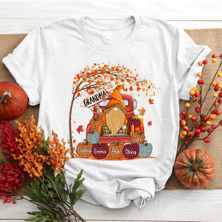 Grandma Gnome Truck Pumpkin Autumn Shirt, Personalized Grandkids Names Shirt Gift
