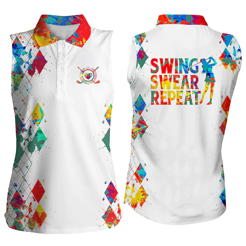 Women’S Sleeveless Golf Polo Shirt, Watercolor Swing Swear Repeat White Golf Shirt, Golfing Gifts