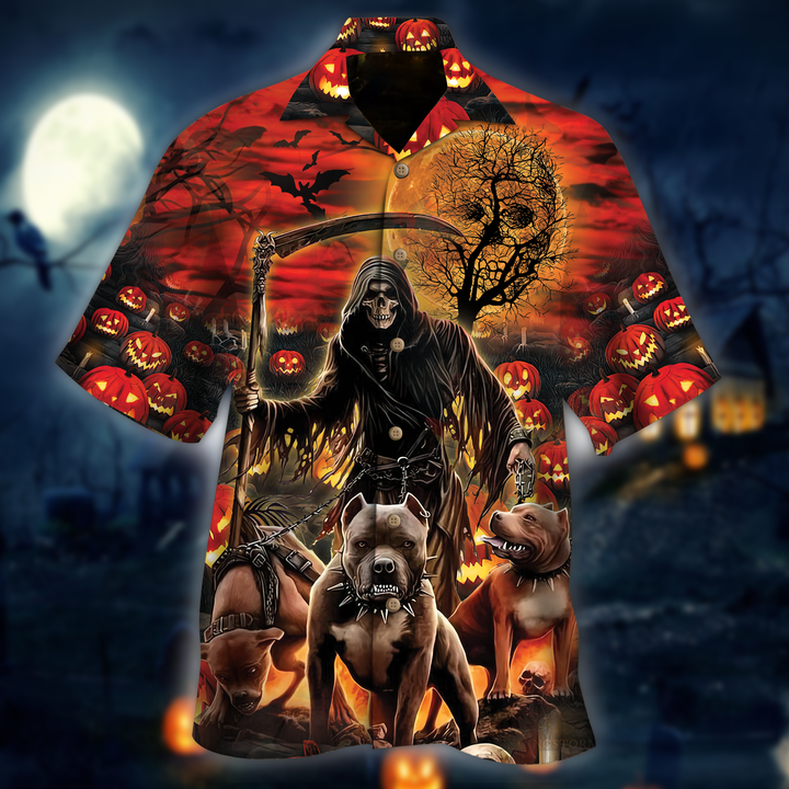 The Grim Reaper And Hound Halloween Hawaii Shirt For Men Women Adult Ha35258