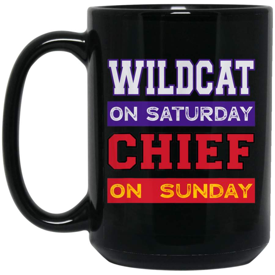 Wildcat on Saturday Chief on Sunday Kansas City Football 15 oz Black Mug