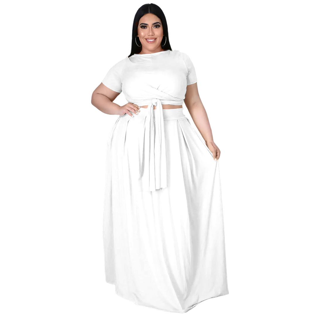 Casual Women 2 Piece Set Solid Short Sleeve Crop Top Big Hem Flare Floor Length Skirts Matching Set Summer Workout Vestidos 5XL alx