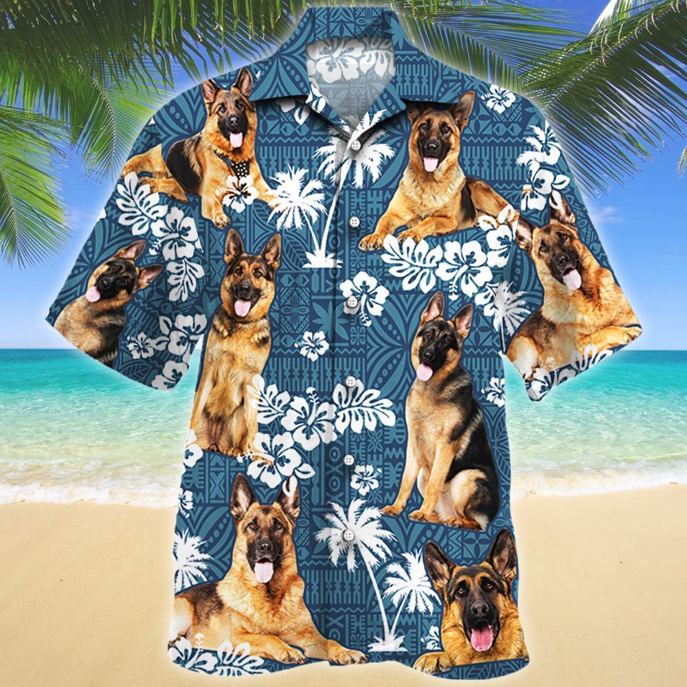 German Shepherd Dog Lovers Blue Tribal Pattern Hawaiian Shirt Ha34685