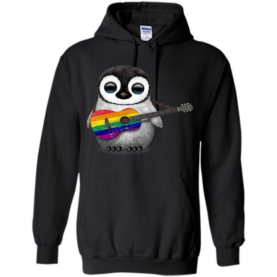 Baby Penguin Playing Gay Pride Rainbow Flag Guitar T-Shirt