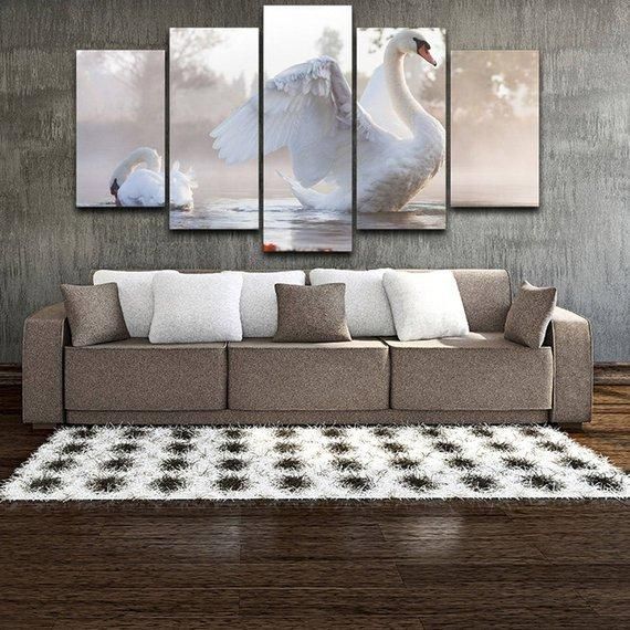 Swan White Bird Animal 5 Panel Canvas Art Wall Decor