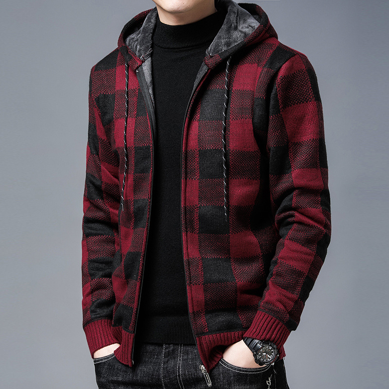 Cardigan Men Korean Cardigan With Hooded Plaid Pattern Vintage Style Sweater Coat Men Hooded Fleece Sweater Jacket Warm Thick alx