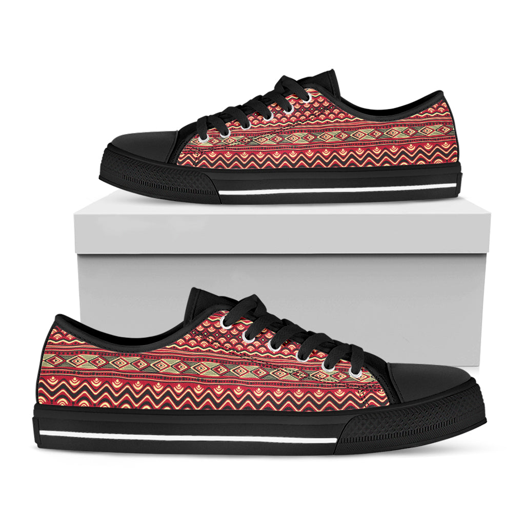 Red African Tribal Pattern Print Black Low Top Shoes