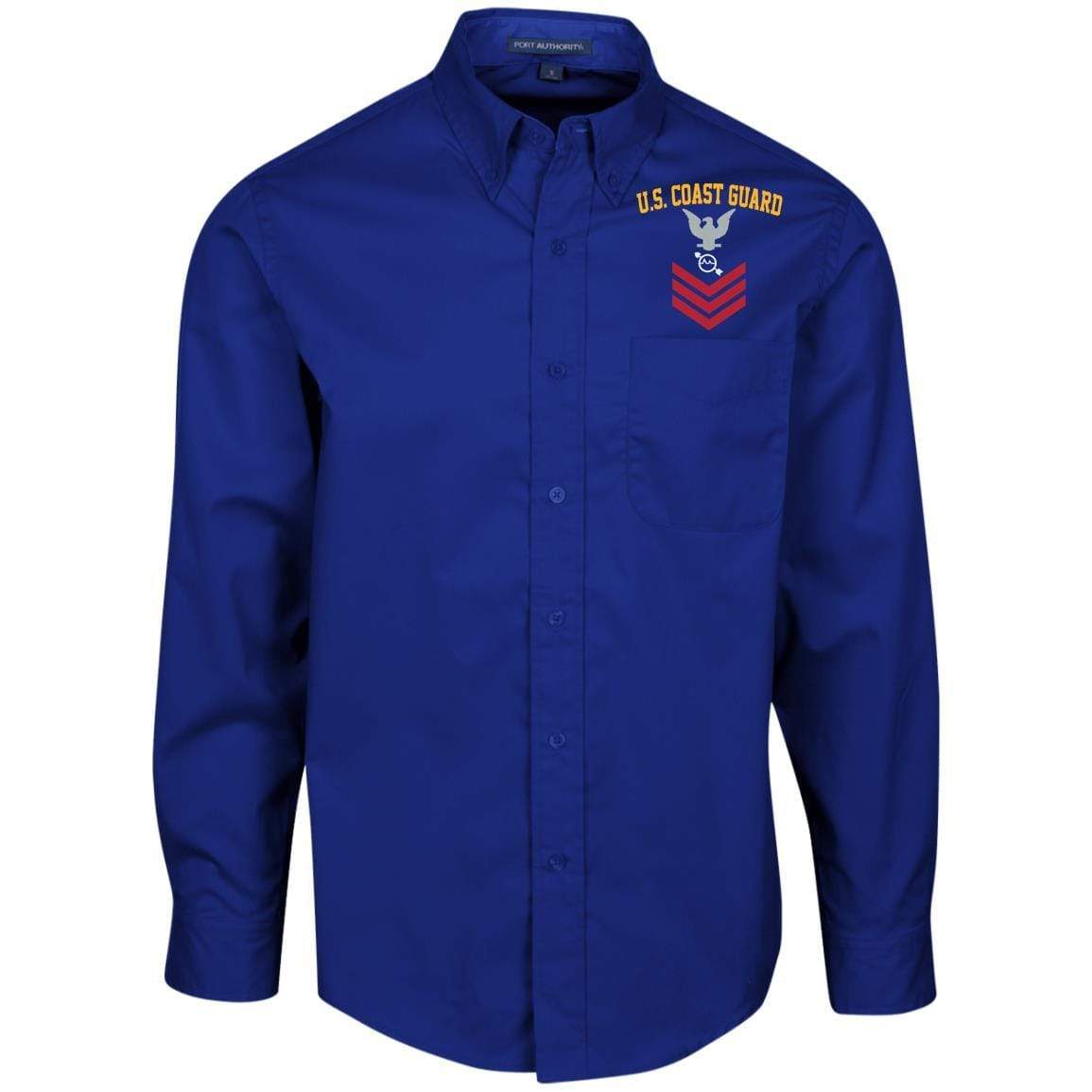US Coast Guard Operations Specialist OS E-6 Rating Badges Embroidered Port Authority Men’s LS Dress Shirt