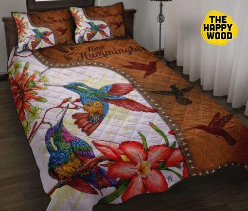 Hummingbird Flower Color Art Leather Style Quilt Bed Set And Pillow Covers