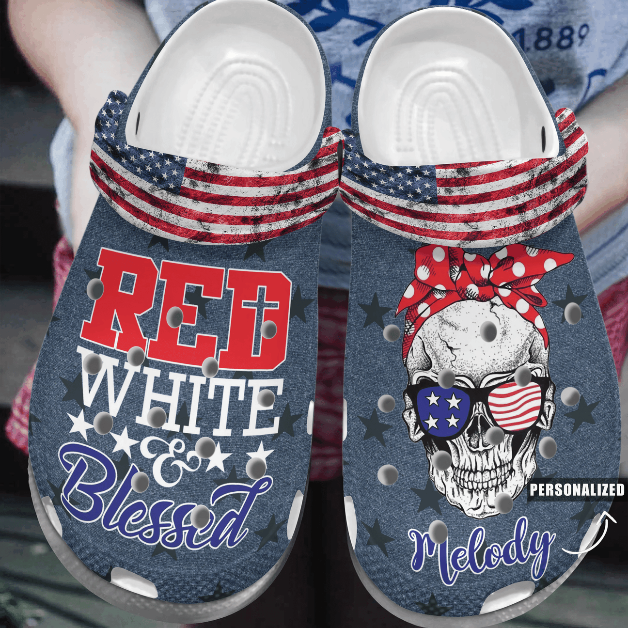 Red White And Blessed Personalized Clog, Custom Name, Text, Color, Number Fashion Style For Women, Men, Kid, Print 3D