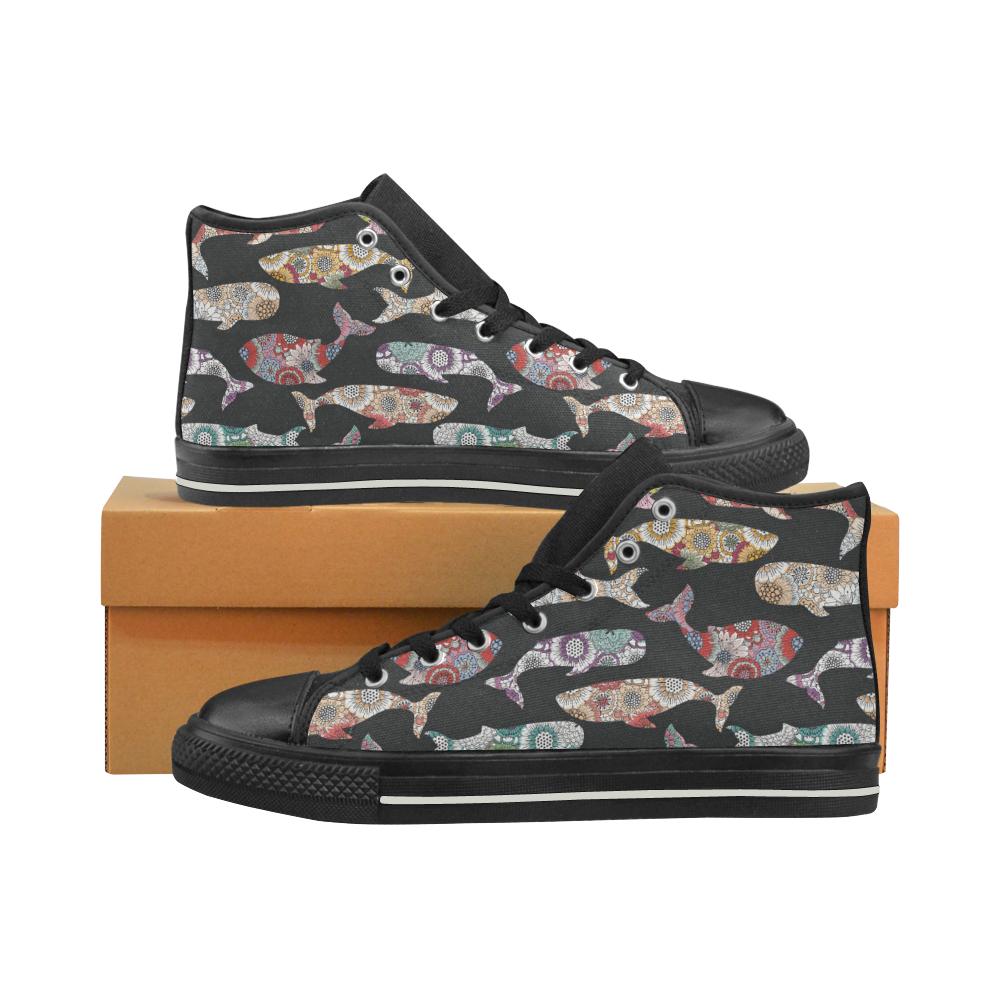 Whale Flower Tribal Pattern Women’s High Top Shoes Black