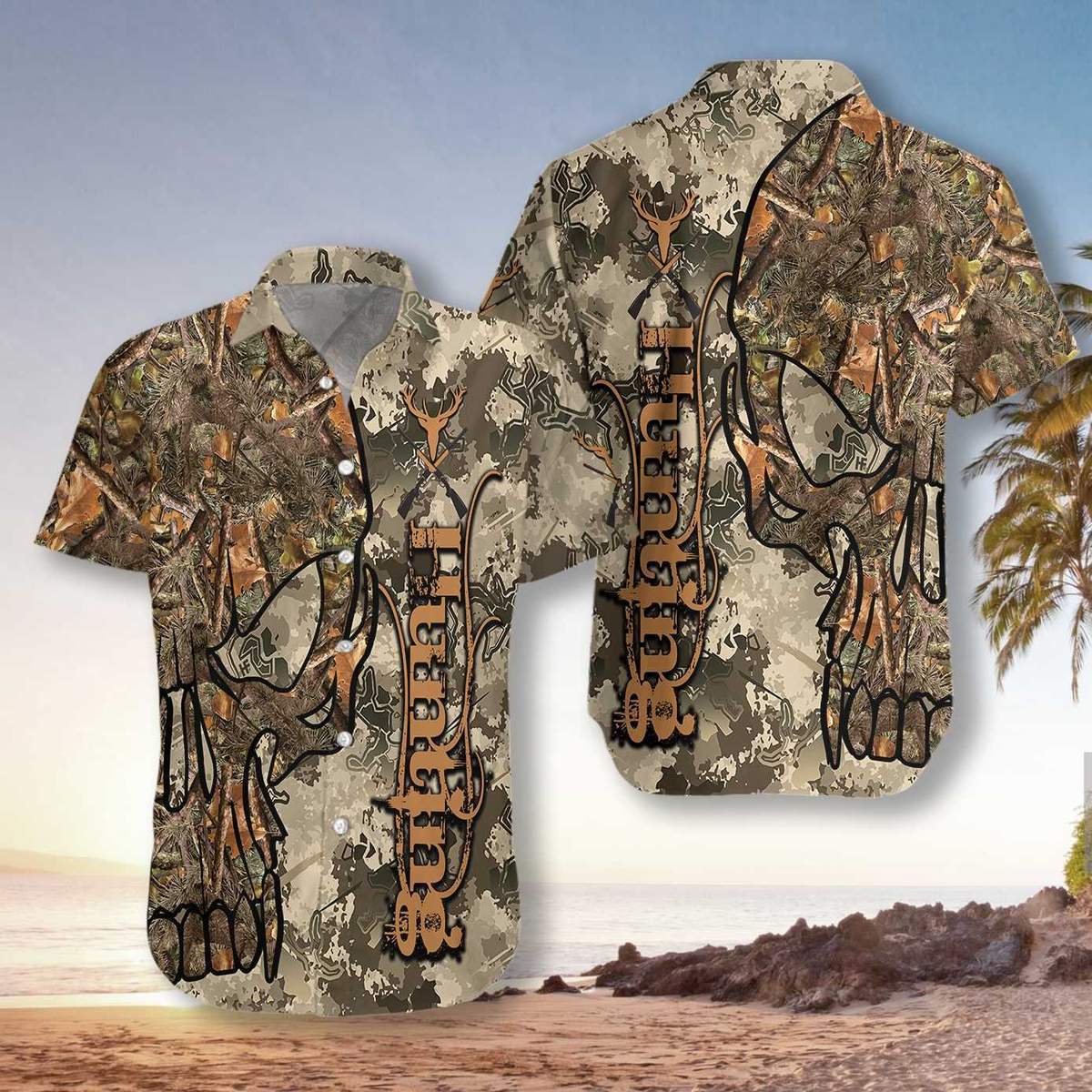 Hunting Skull Camo Unisex Hawaii Print Aloha Short Sleeve Casual Shirt Ha83291