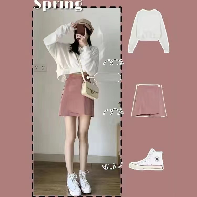 Suit, Female Autumn 2020 New Korean Style Student’s Dress Suit Two-Piece Pink Half-Length Full Body Dress Sweater alx