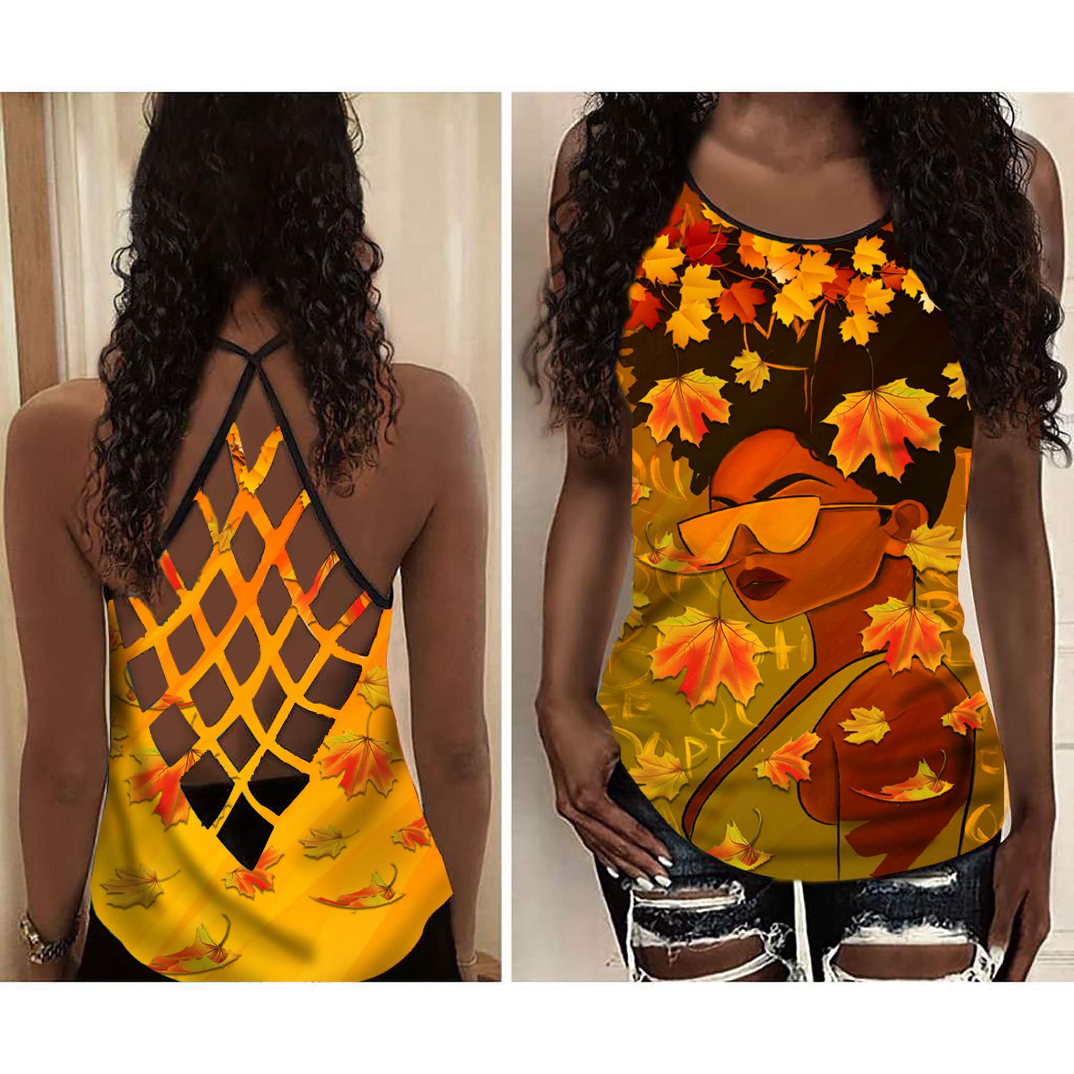 Autumn Cool Black Girl Tank Top Shirt Women – Fall Cross Open Back Camisole Tank Gift For Thanksgiving Day