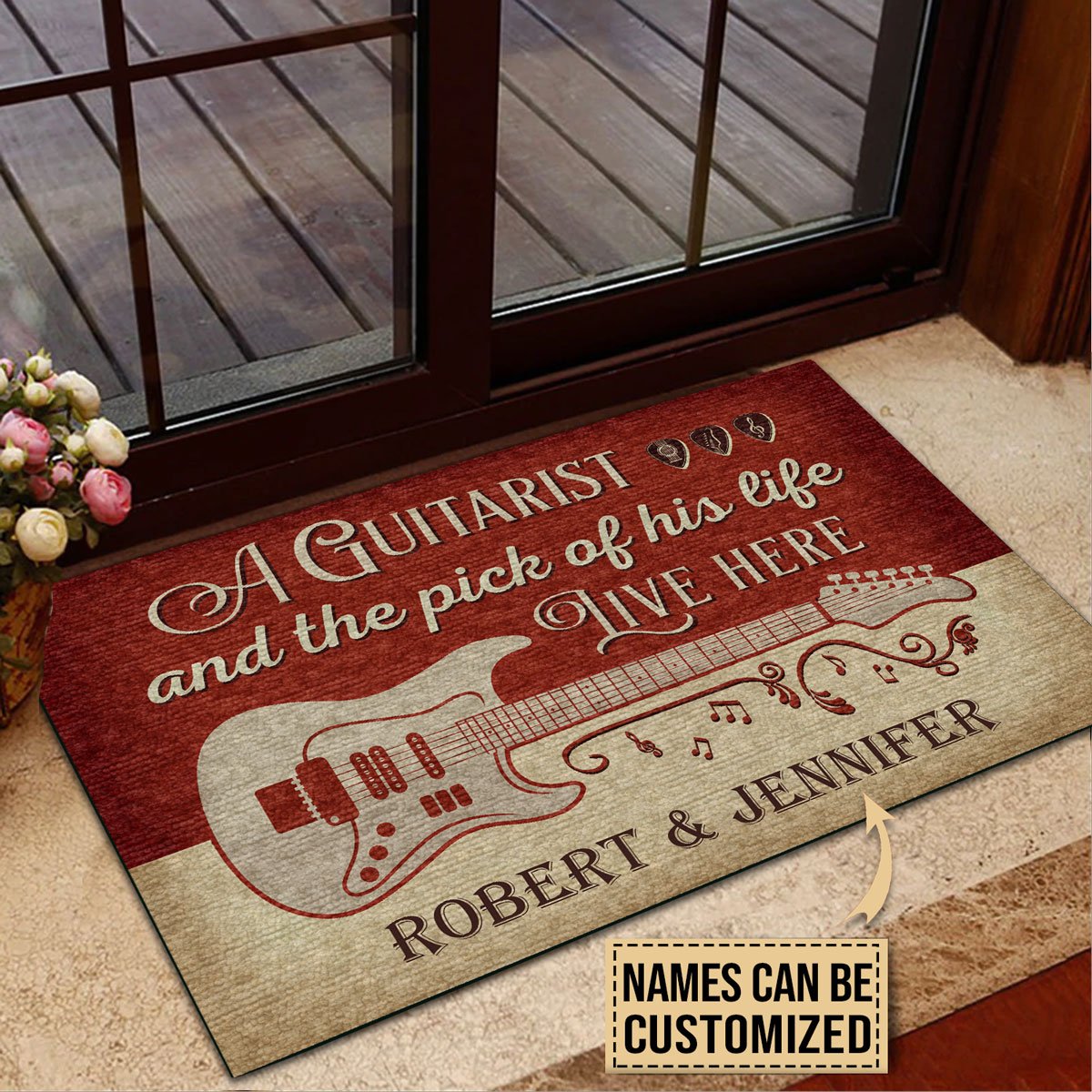 Apayprint – Guitar Red Old Couple Live Here 3D Personalized All Over Printed Doormat