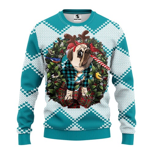 Miami Dolphins Pug Dog Christmas Gift For Fan Ugly Wool Sweater Christmas