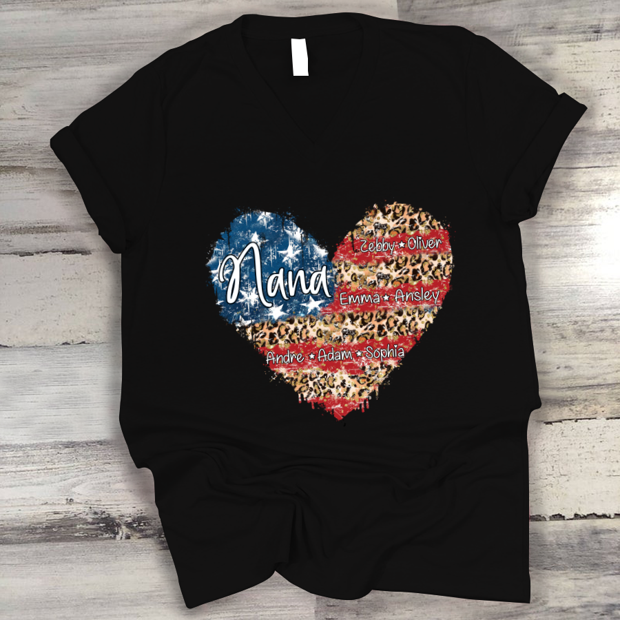 Personalized American Flag Nana Heart Leopard V-Neck