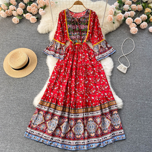 Vintage Maxi Hippie Dress Embroidery Vestidos Causal Women Floral Print Dress Rayon Cotton Ethnic Boho Vestido De Mujer alx