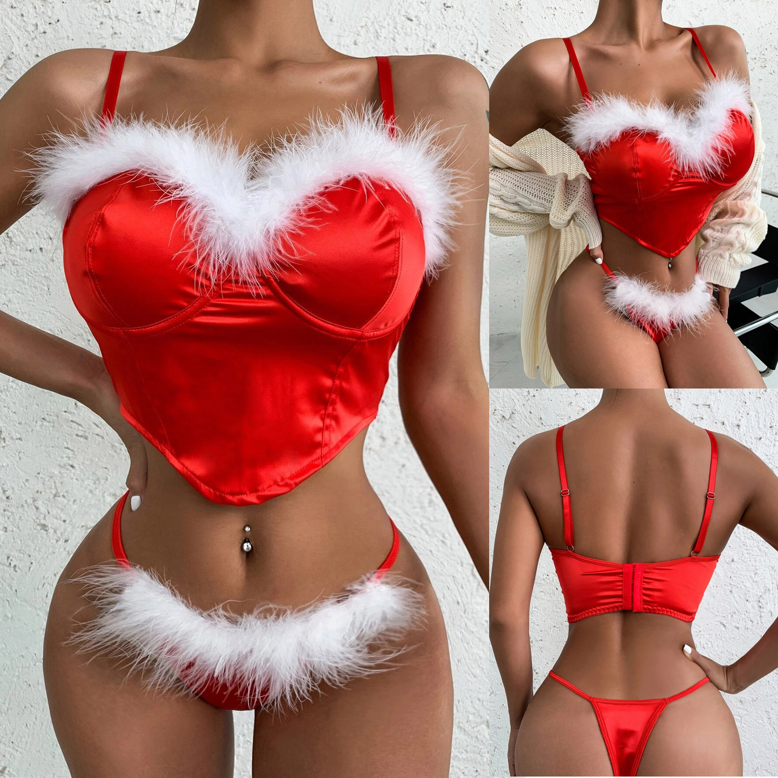 Underwear Festival Women Red Lingerie Hollow Christmas Nightdress Thong Set Sexy alx