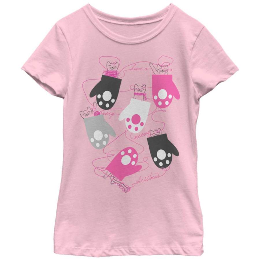 Lost Gods Girl’s Christmas Kittens in Mittens  T Shirt Light Pink XS