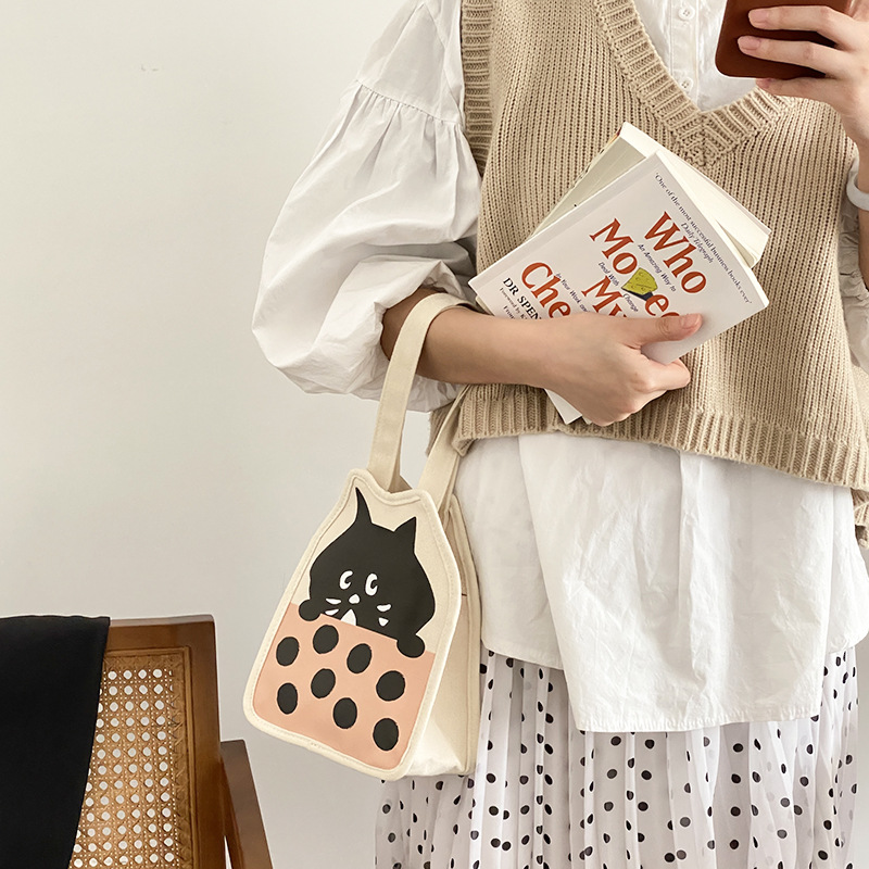 Cute Kitten Women Small Canvas Bag Little Black Cat Pattern Tote Girls’ Eco Cotton Cloth Handbag Decoration Purse For Ladies alx