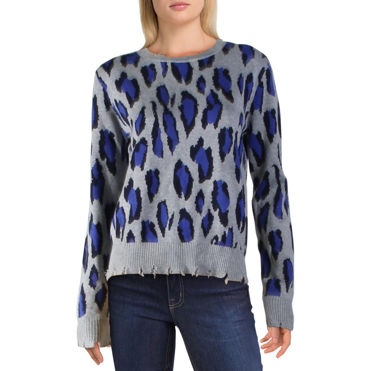 Womens Animal Print Distressed Pullover Sweater