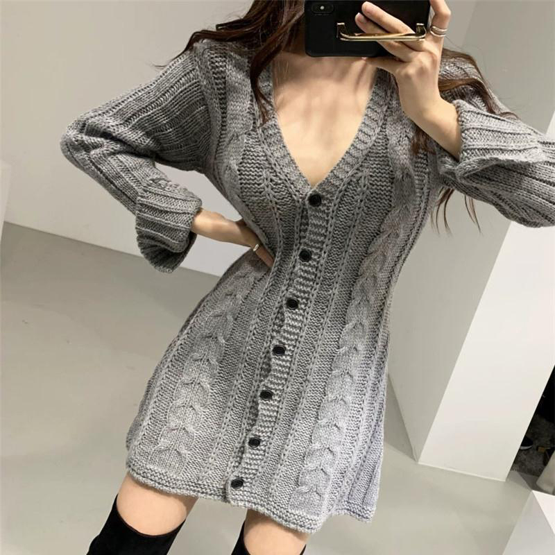 Sweater Dress Women V Neck Sexy Knitwear Jumpers Autumn Winter Long Sweater Cardigan Twisted Flare Sleeve Skirt Wholesale Zaraa alx