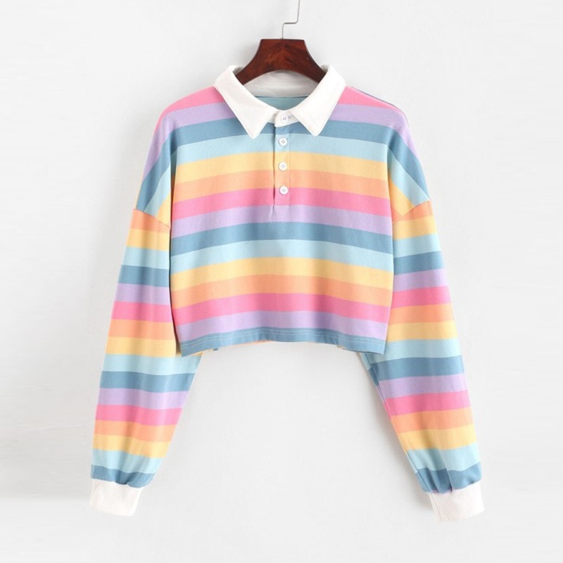 2021 Women Sweatshirt Long Sleeve Rainbow Color Ladies Hoodies With Button Striped Korean Style Sweatshirt Women alx