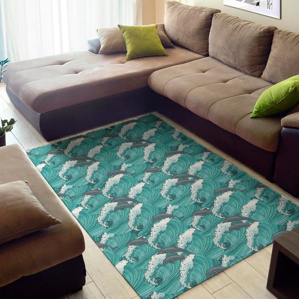 Dolphin Riding Waves Pattern Print Area Rug