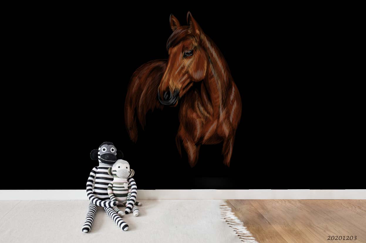 3D Fine Art Brown Horse Animal Black Wall Mural Wallpaper Lxl