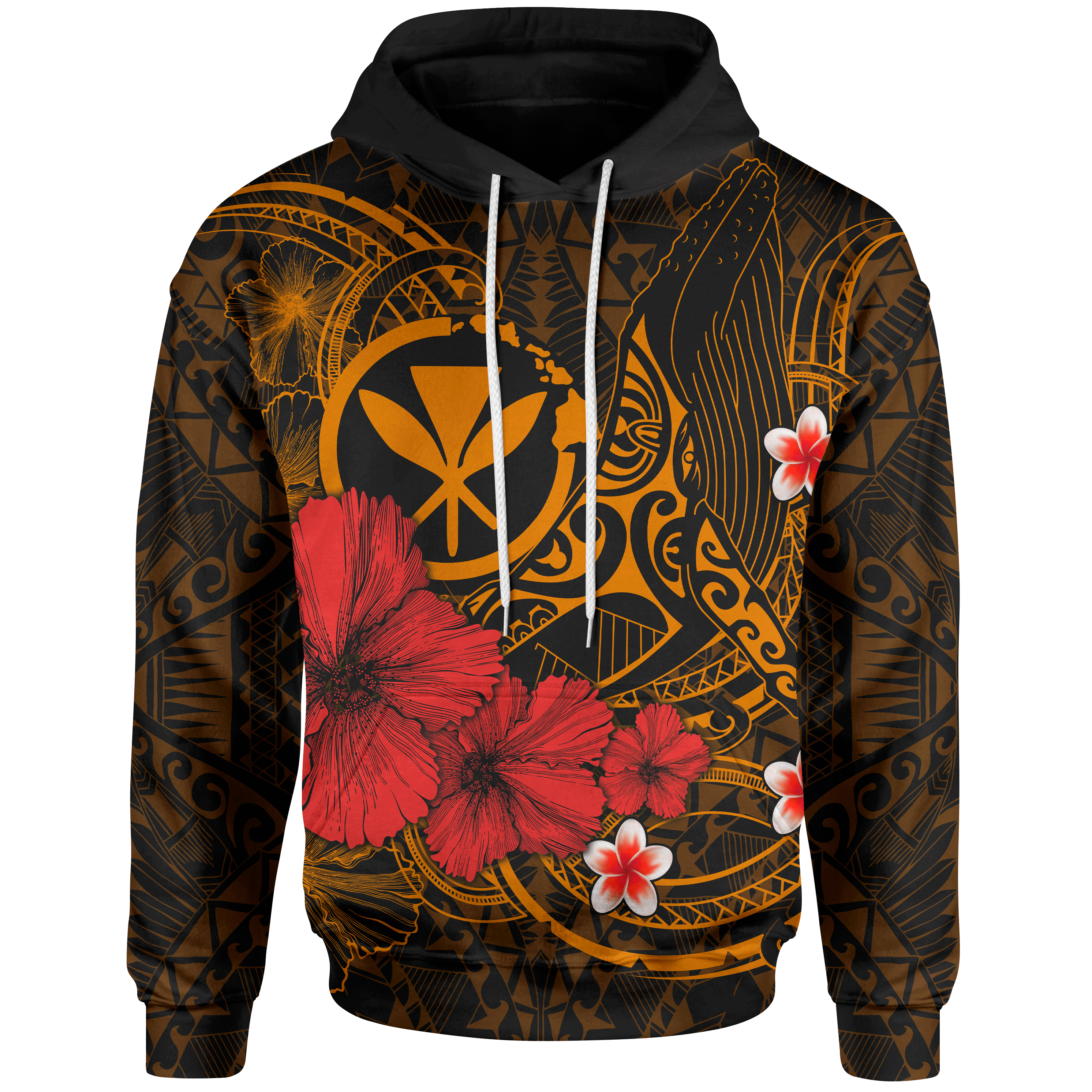 Polynesian Hawaii  Kanaka Maoli Hoodie – Humpback Whale With Hibiscus (Golden)