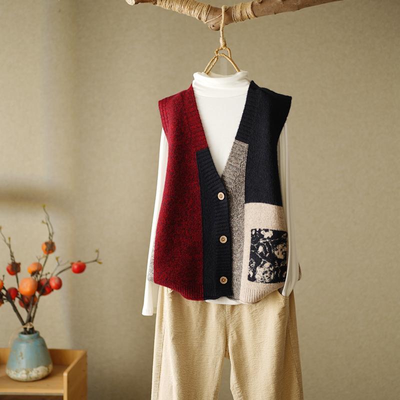 Autumn Women Panelled Vintage Sweaters Vest Button Cardigans Knitted Fashion Sleeveless V-Neck Loose Casual Sweater Coats 2022 alx